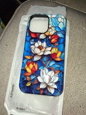 Blue Stained-Glass Floral Phone Case with White & Orange Blooms